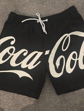 Pacsun Coca Cola Black Swim Trunks with White Script Logo